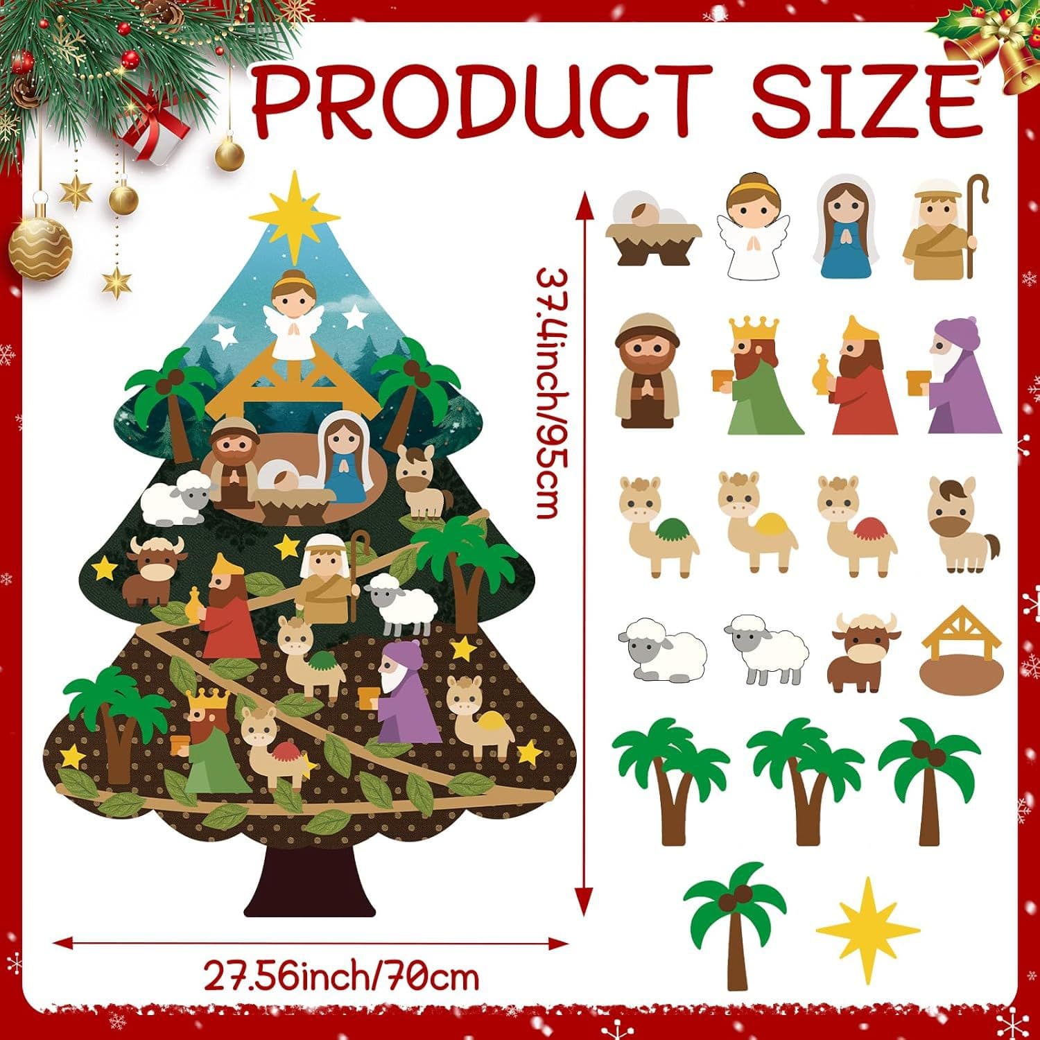 Felt Christmas Tree Nativity Set, 20 Removable Ornaments Christmas Wall Hanging Decoration Party