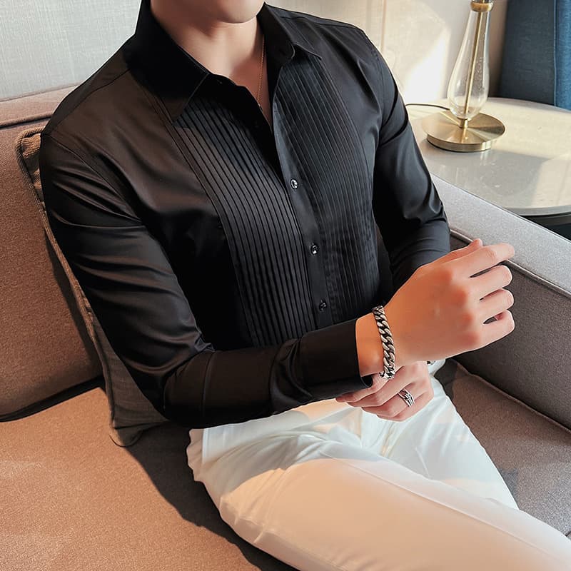 In Stock Men's New Wrinkled French Long Sleeve Shirt Slim Fit Korean Style Groom Groomsman Dress Shirt for Men