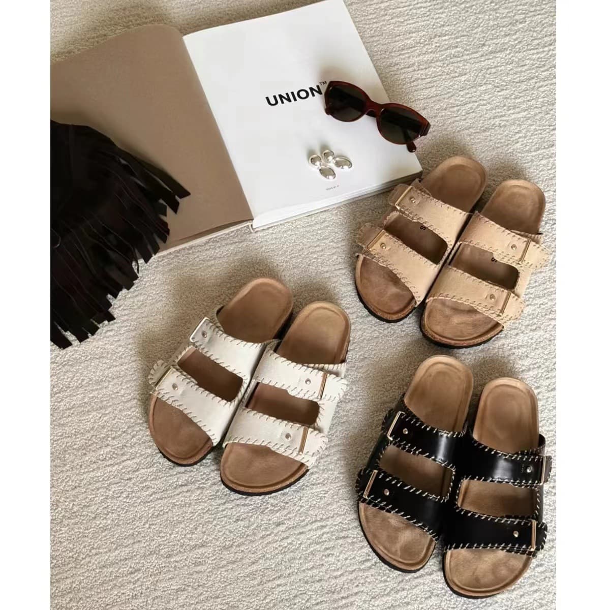 Bailu Same Style~ Genuine Leather Birkenstock Sandals for Women Summer Outdoor Half Slippers Stitched Birkenstock Shoes One-Strap White Sandals
