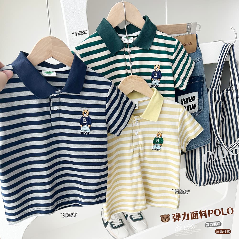 Boys Short Sleeve Polo Shirt 2026 New Style Children's Striped Summer Top for Middle and Older Kids