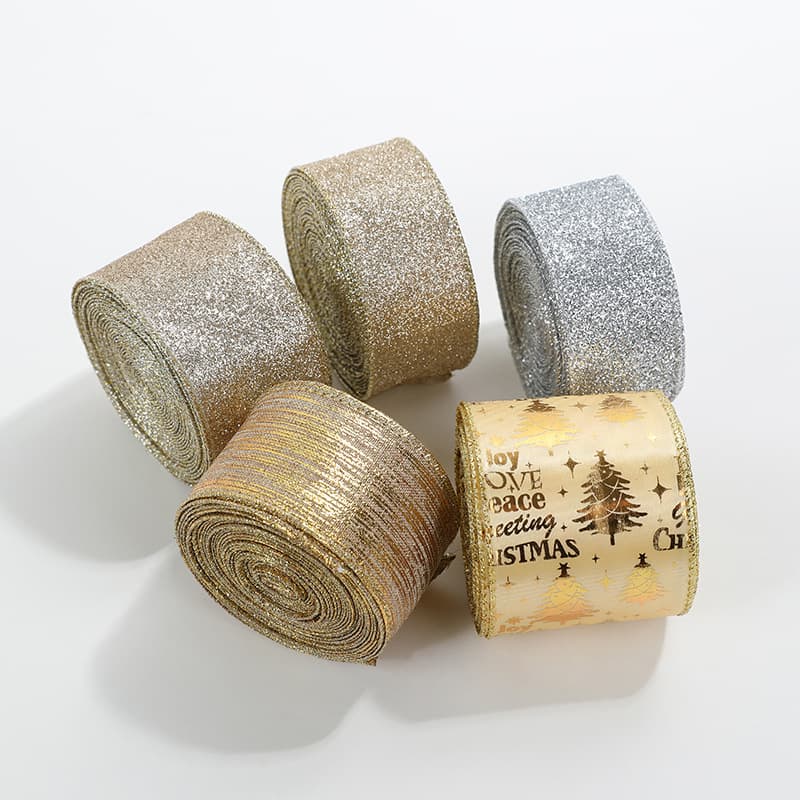 Cross-border New Gold Glitter Fabric Christmas Ribbon Gold Powder Decoration Bow Material Christmas Iron Wire Edge Trim Ribbon Decoration