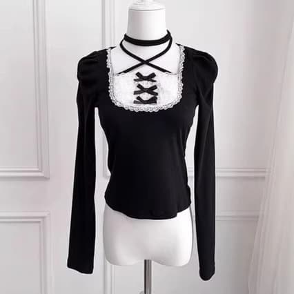 Y2K Women's Fashion Casual Fashion Lace Bow Splicing Long Sleeve Top Women's Clothing