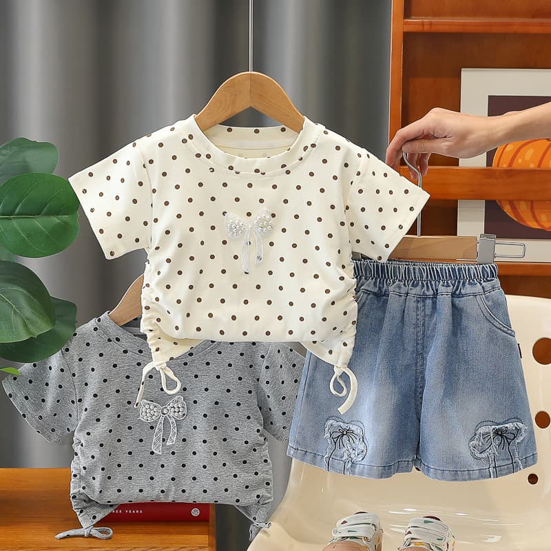 Five Little Seven Children's Wear 2026 Summer New Style 0-4 Years Old Children and Girls Polka Dot Bow Short Sleeve T-shirt Two-piece Set