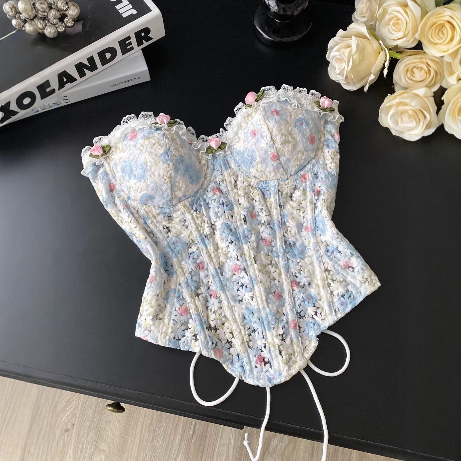 Sweet Pure Desire 3D Floral Bustier Corset Top for Women, Lace-Up Waist Fishbone Embroidery Sleeveless Blouse