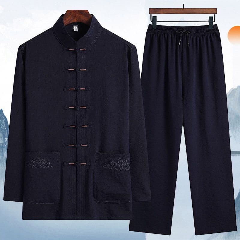 Middle-aged and Elderly Tang Suit Men's Set Spring/Summer Ice Silk Cotton Long Sleeve Chinese Style Father Grandpa Clothing