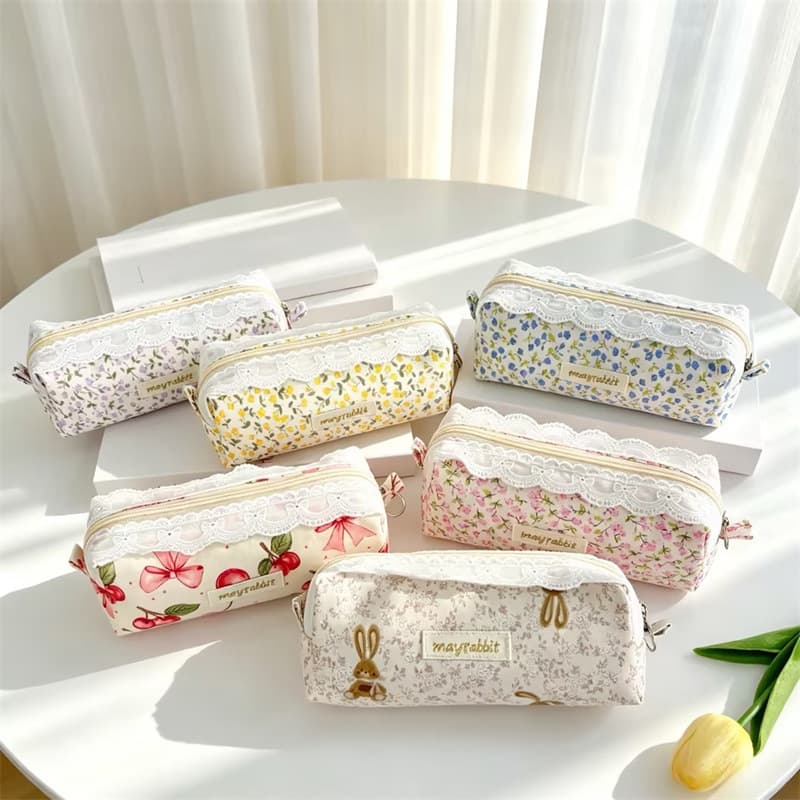 Korean floral lace pencil bag large capacity student fabric pencil stationery bag high-looking hand cosmetic bag