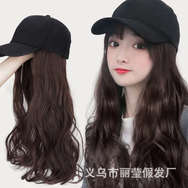 Women's Hat Wig Combo Long Hair, Natural Fashion Realistic Baseball Cap with Long Straight or Curly Hair, Wholesale