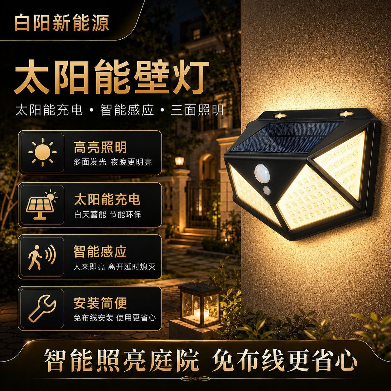 Solar Light Outdoor Garden Wall Light Motion Sensor 100 LED Four-Sided Charging Home Lighting Street Light Wholesale