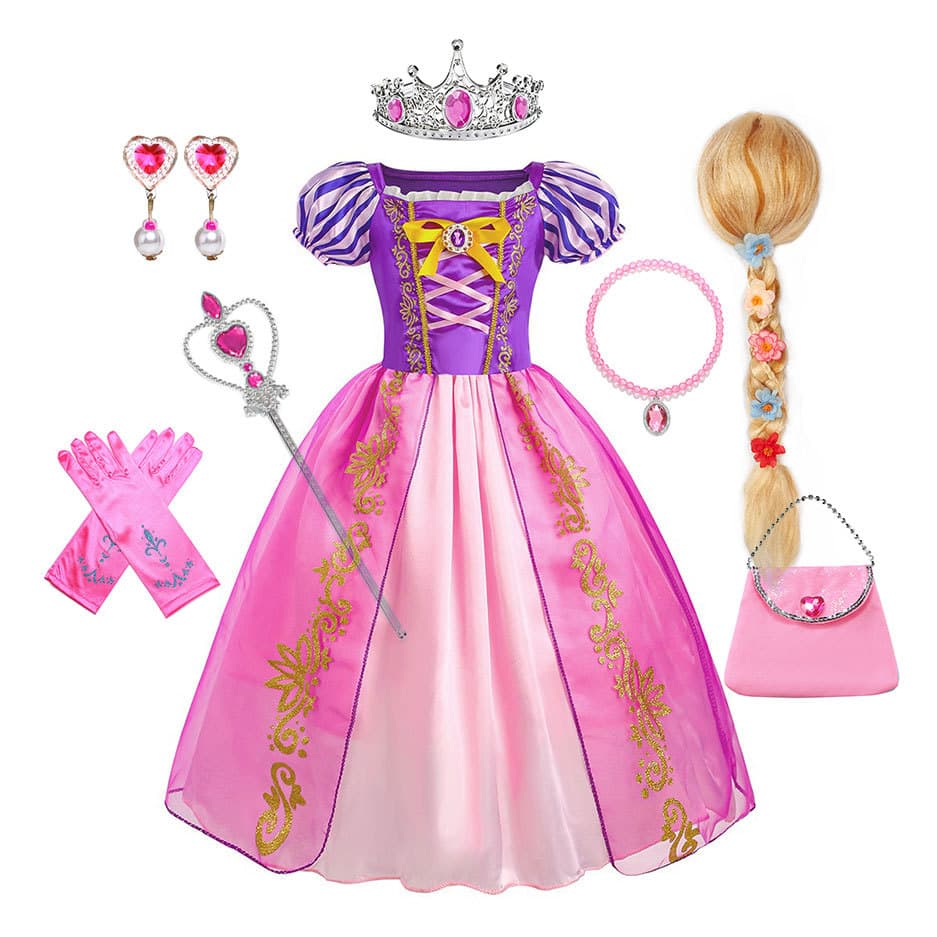 Rapunzel Classic Princess Dress with Long Rapunzel Wig, Princess Dress, Popular Children's Necklace