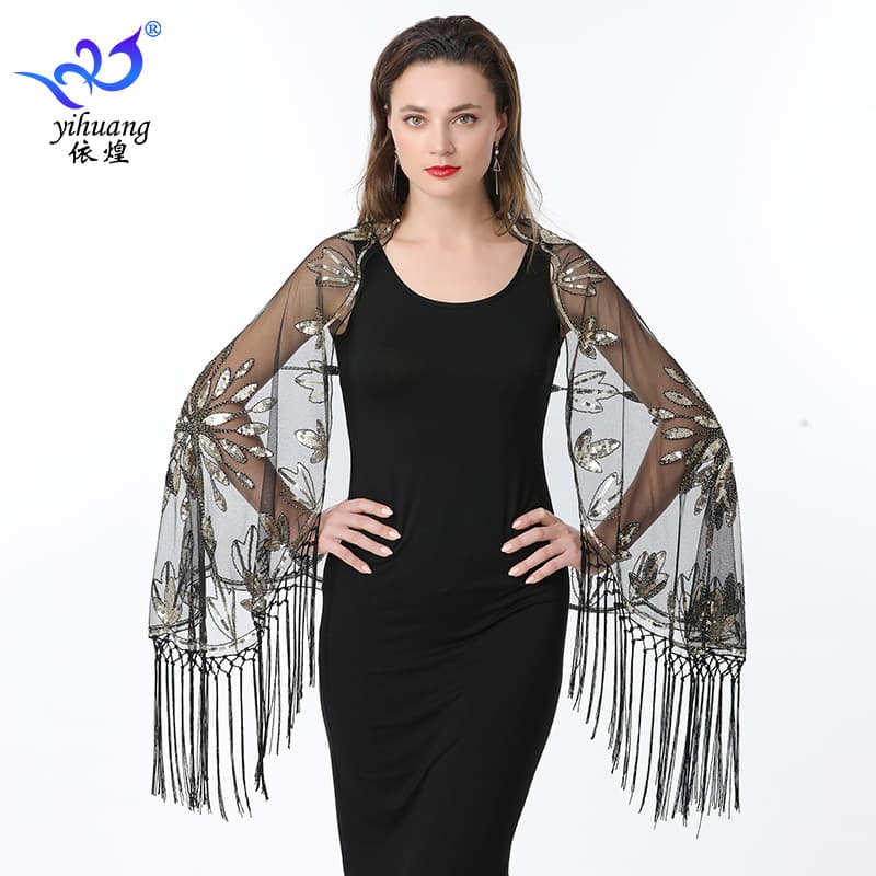 European and American style mesh sequined shawl, long evening vest, cheongsam ball gown outerwear, ball tassel cape.