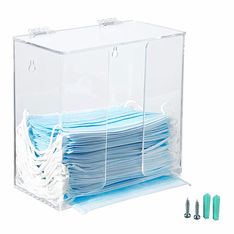 Transparent Acrylic Wall-Mounted Mask Dispenser Box Hygiene Station with Lid, Countertop Dustproof Storage Glove Holder