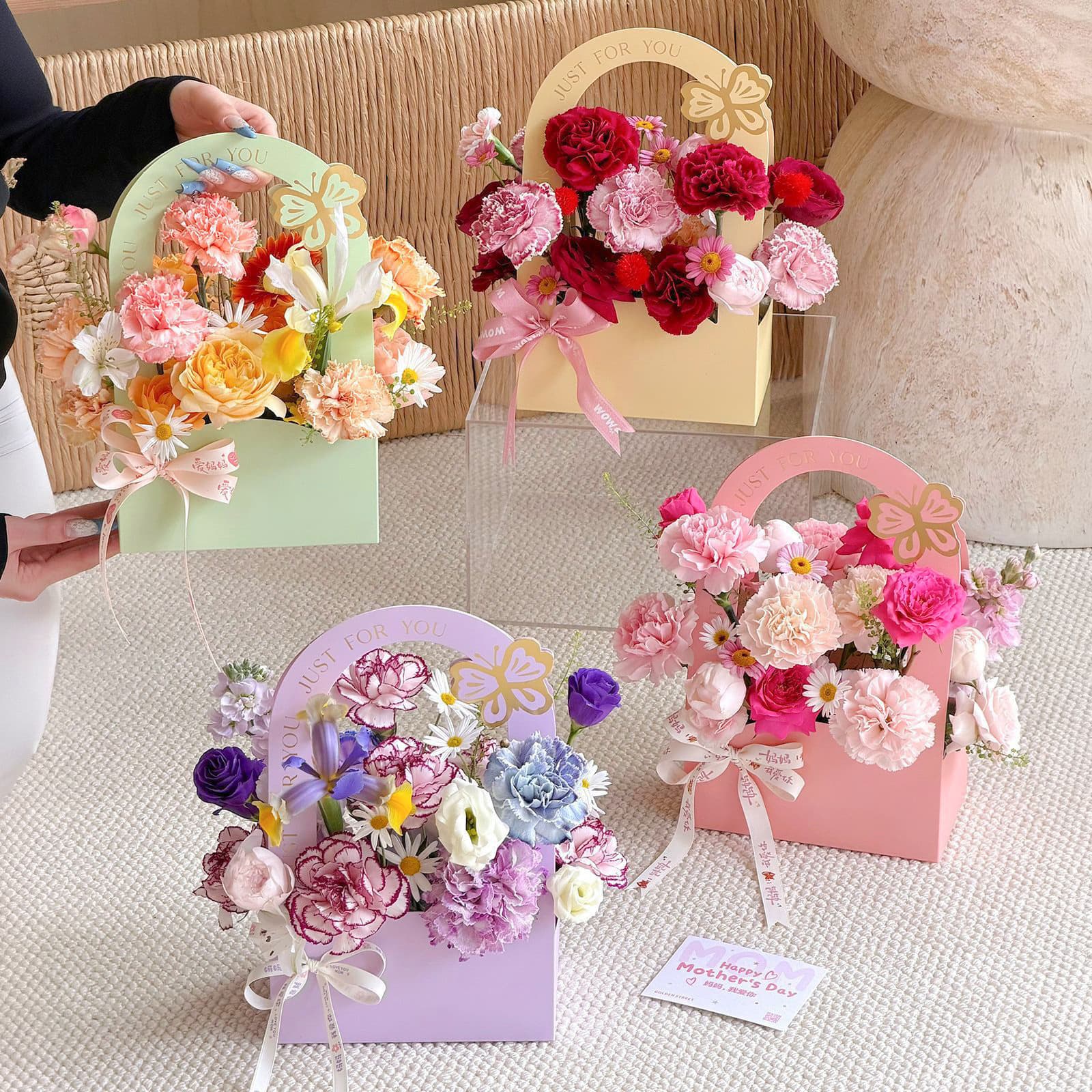 Handheld Flower Box Fresh Flower Packaging Box Paper Flower Arrangement Box Folding Flower Box Handbag Hot Stamping Flower Box Wholesale Stock