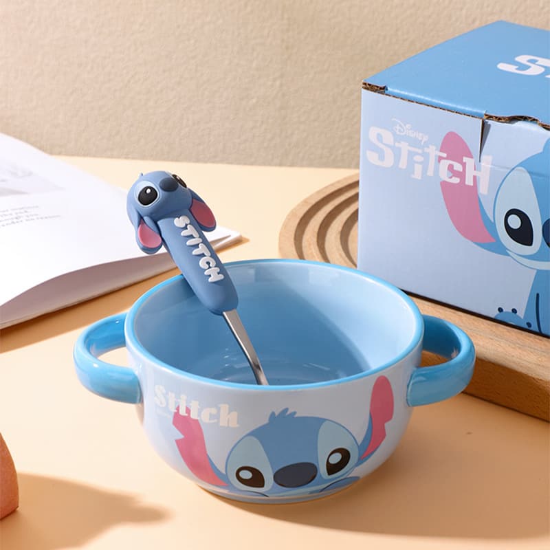 Stitch Ceramic Bowl and Spoon Set for Kids, Double-Ear Cute Ceramic Tableware, Strawberry Bear Winnie the Pooh Noodle Bowl Soup Bowl