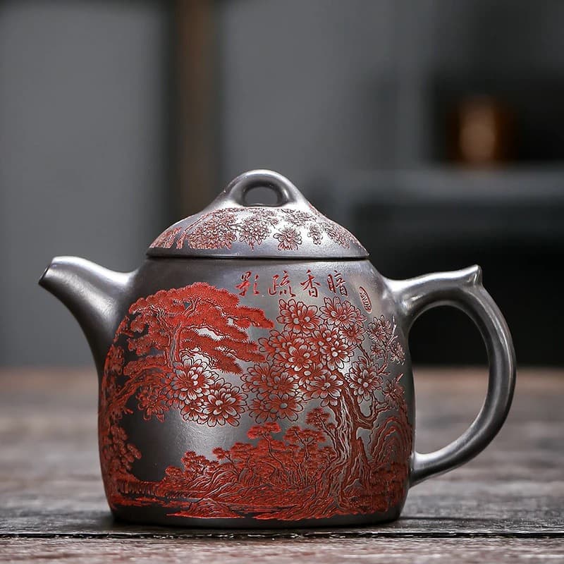 Master Handcrafted Purple Clay Carved Qin Quan Pot with Subtle Fragrance and Sparse Shadows, Single Pot for Home and Office Use, Antique-Style Pot, Gift Kung Fu Tea Set