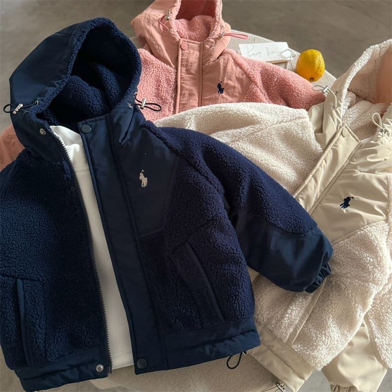 Kids Quilted Jacket 2025 Winter Boys Girls Faux Shearling Patchwork Hooded Cotton Coat Baby Fleece Thick Outerwear
