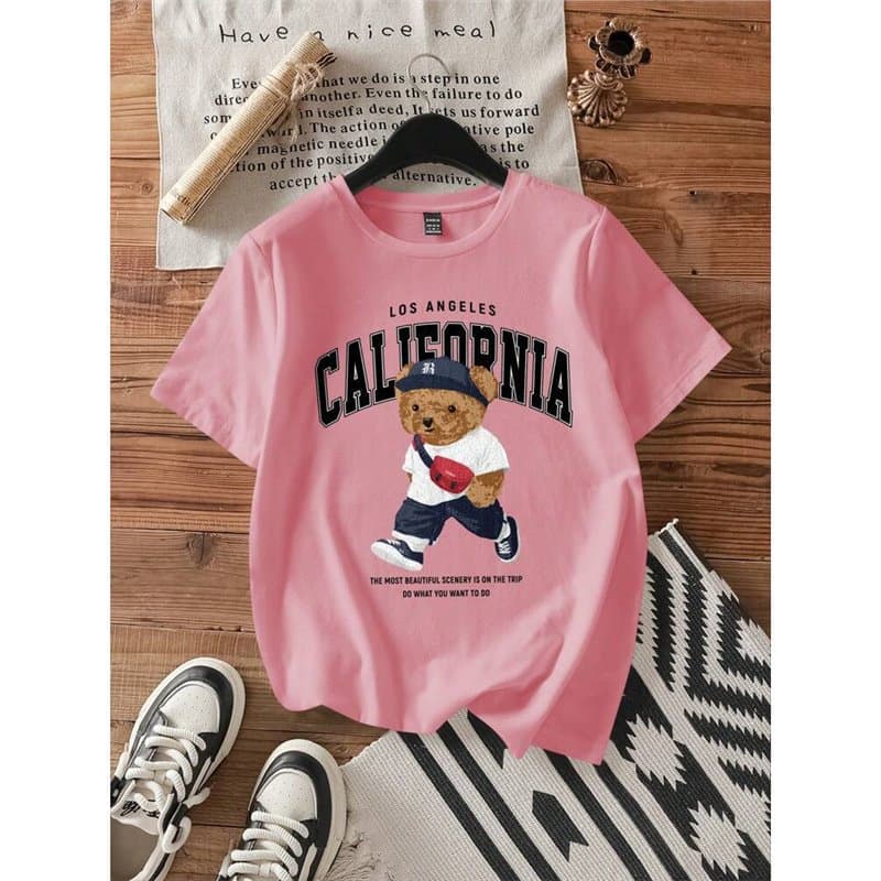 Casual Women Attitude Short Round Neck Bear Graphic Minimalist