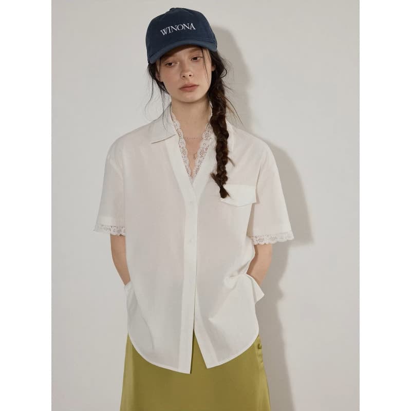 Lofi Chose Designer Lace Trim V-Neck Short Sleeve Blouse for Women Summer New Fashion Loose Fit Slimming Top