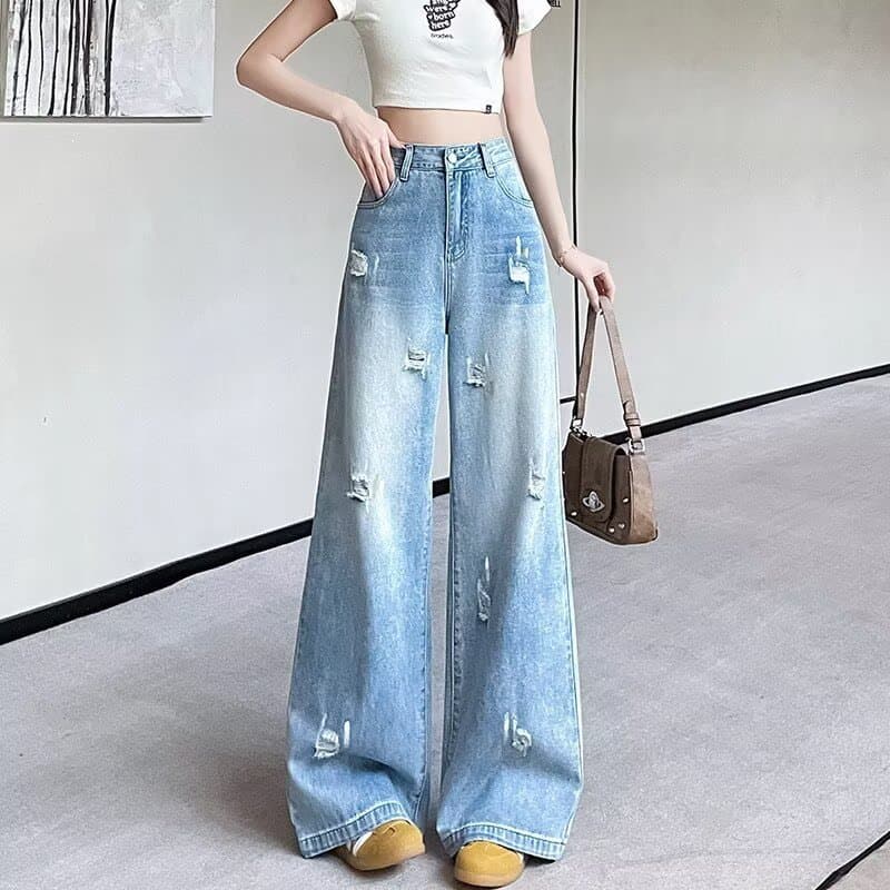 Painted and distressed wide-leg jeans for women, 2026 fall trendy loose fit American-style edgy worn-out pants