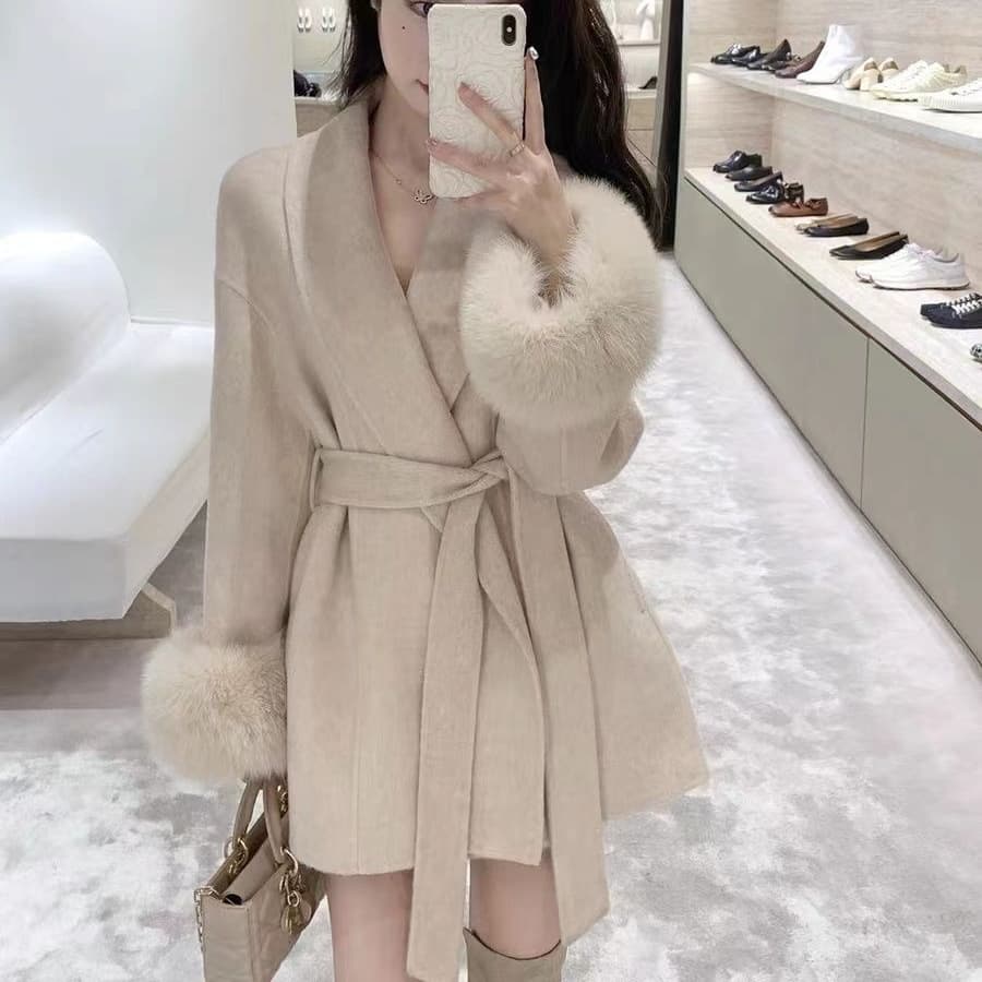 Plus Size Elegant Long Sleeve Woolen Jacket For Women 2024 Autumn/Winter High-End Feel Waist-Fitted Tied Sweater Patchwork Top