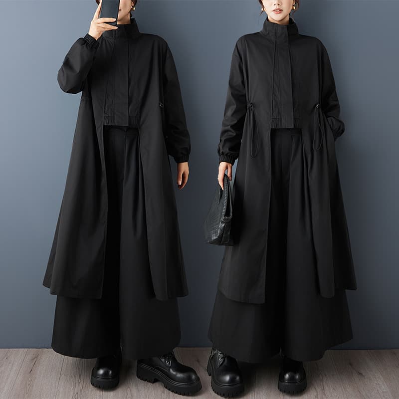 2025 Niche Design Dark Style Asymmetric Zipper Trench Coat Loose Drawstring Slimming Fashion Outerwear