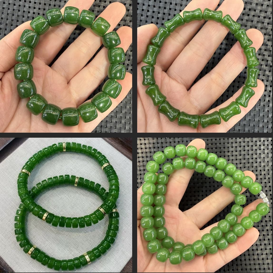 Flat replacement Hetian jade and jasper bracelets, round beads, old-type bead bracelets, quartz rock jade, spinach green, straight-cut jade bracelets