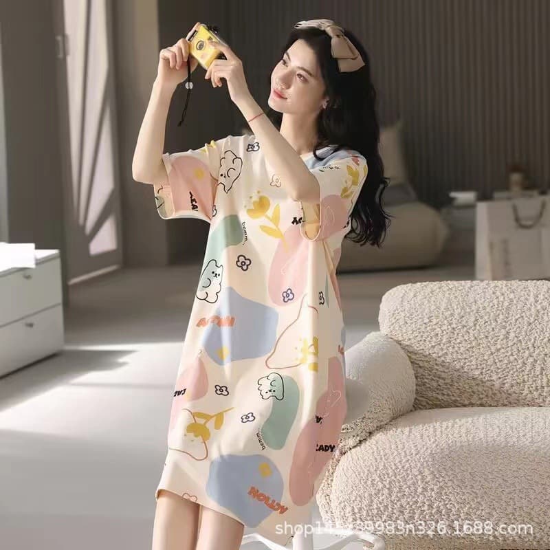 Women's Summer Pajamas Korean Style Short Sleeve Nightgown Homewear Set Student Cute Plus Size