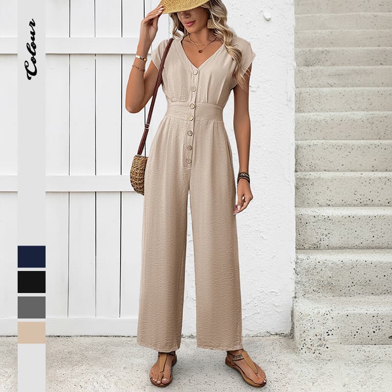 【Baifenzhiyi】Amazon 2025 New Cross-Border Vacation Simple Solid Color Elastic Waist Wide Leg Jumpsuit