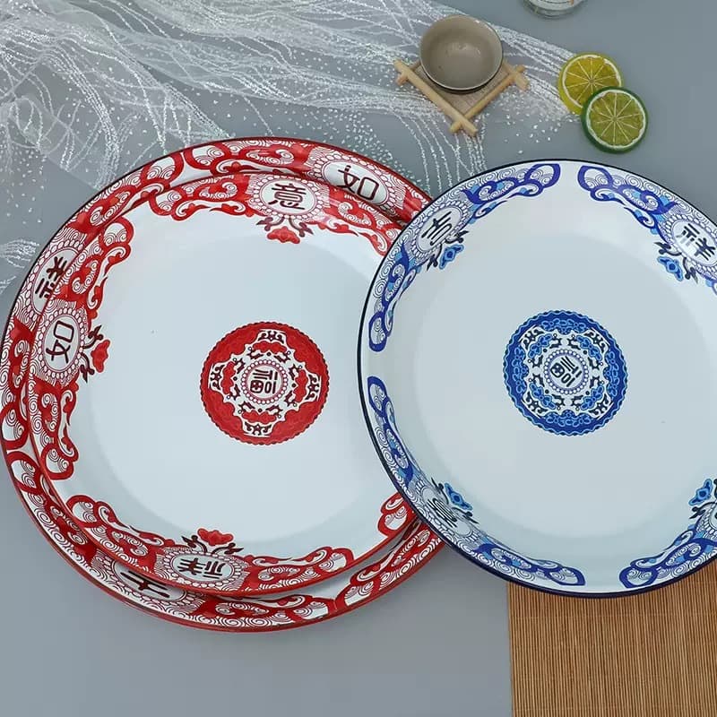 Factory Direct Sale Thick Red Auspicious Enamel Plate, Chinese Retro Vintage National Trend Fruit Plate