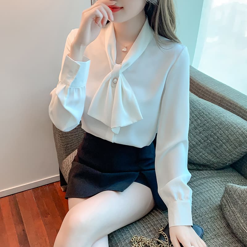 2025 Autumn New Tie-Neck Korean Style Shirt Women OL Design Workplace Versatile Shirt Women