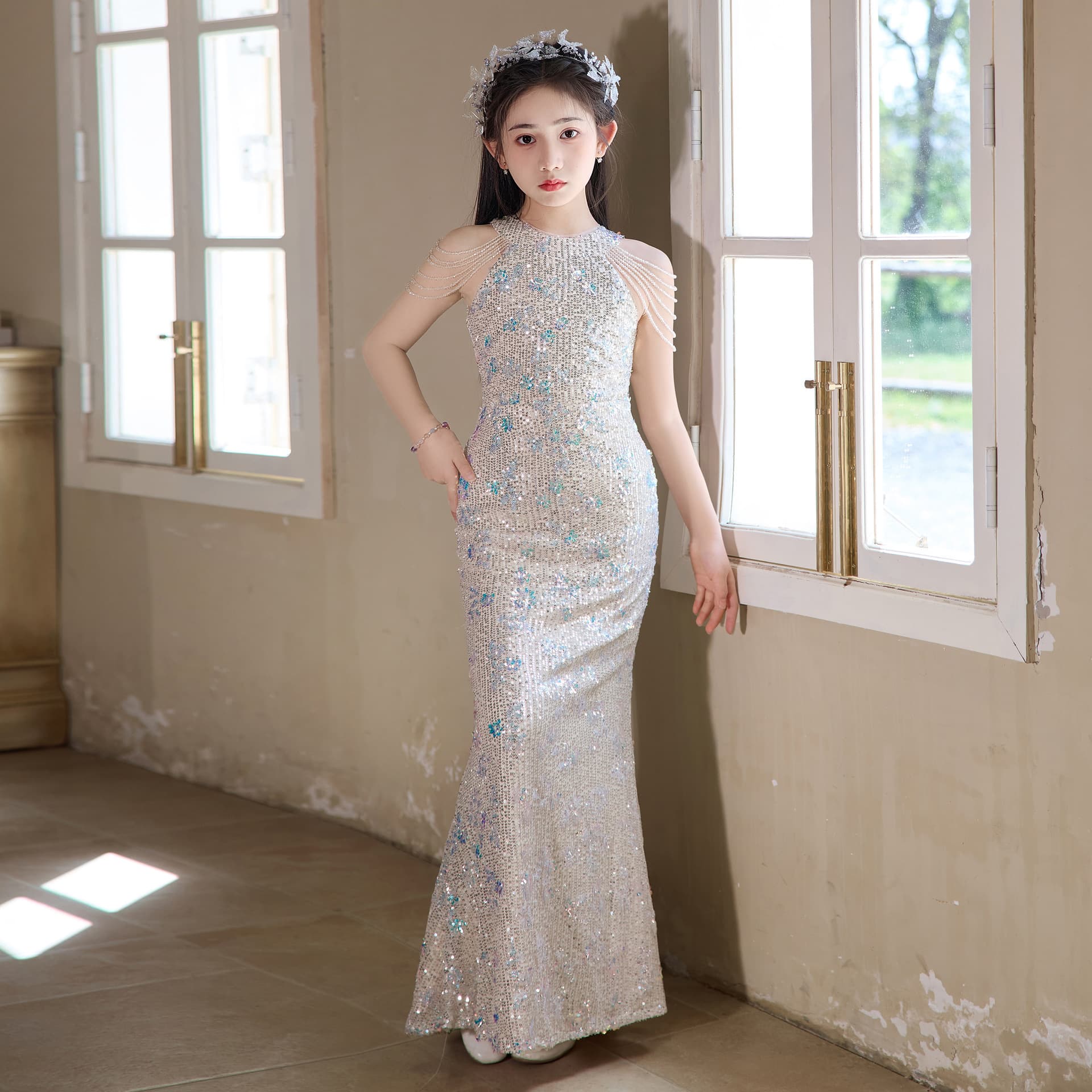 Children's Princess Dress Gown for Girls Host Evening Gown Beautiful Mermaid Fishtail Kids Catwalk Piano Performance Costume