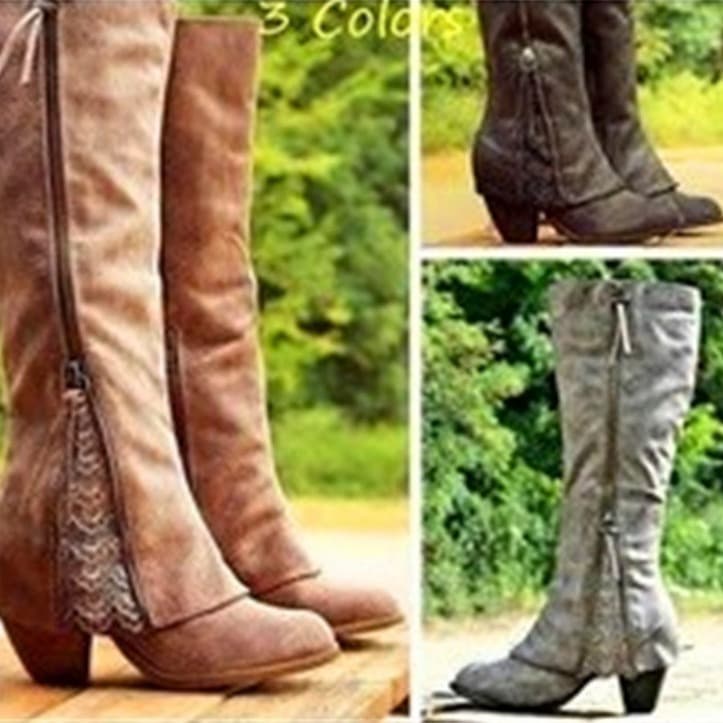 2017 Export Women's Boots, Tassel Shoes, Wholesale High Heel Chunky Heel Fold-Over Fashion High Boots, AliExpress Stock