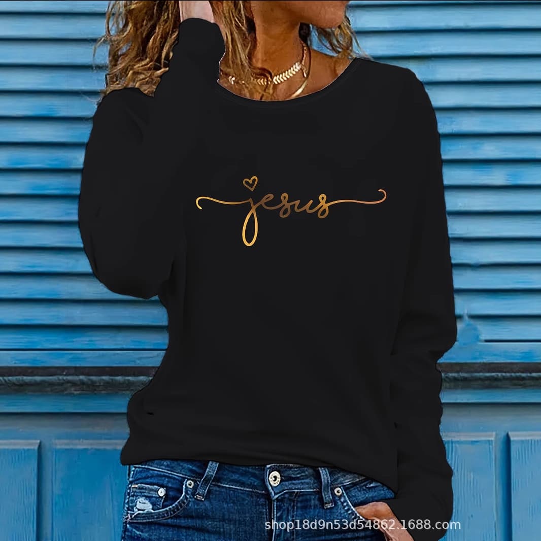 Cross-Border Stock Long Sleeve T-Shirt European American New Fun Print Fashion Casual Round Neck Long Sleeve T-Shirt Top Women Overseas