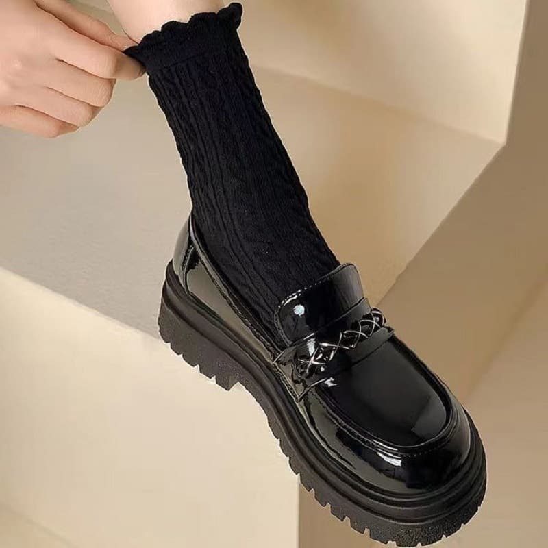 British Style Mary Jane Shoes Women's Thick Bottom Black Loafers Retro French Leather Shoes Metal Embellished Low Cut Slip-On