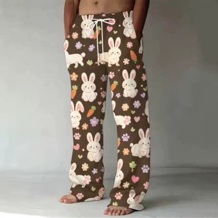 Men's Cute Rabbit and Carrot Print Wide-Leg Pants, Soft Drawstring Waist Loose Lounge Pants for Everyday Home Casual Wear