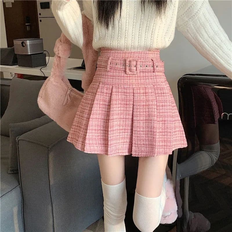Pink Chanel-Style Skirt for Women, New Fall/Winter Style, Fresh High-Waist with Belt, A-Line Thickened Pleated Short Skirt