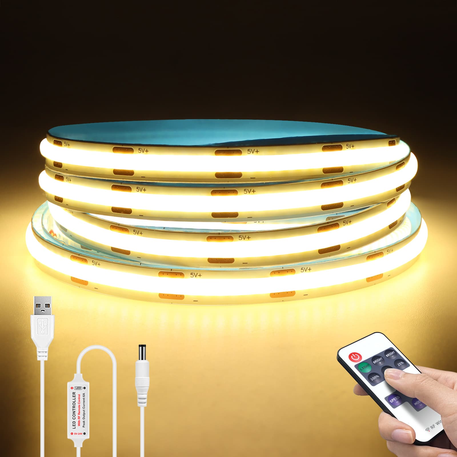 5V USB Dimmable COB LED Light with RF Remote Control Dimmer for TV Closet Backlight Decoration with Adhesive Light