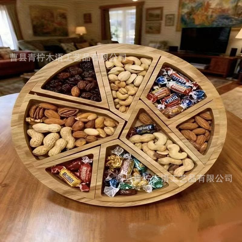 Household Round Wooden Multi-Compartment Platter, Detachable Solid Wood Fruit Tray, Party Tabletop Wooden Candy and Snack Tray