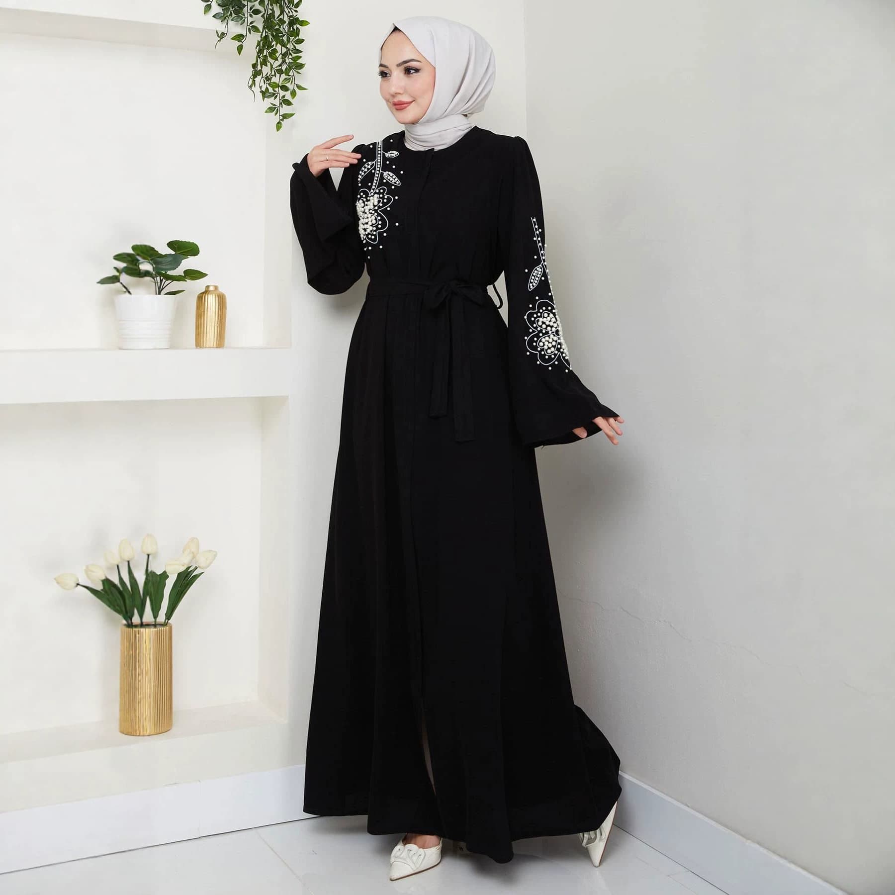 Factory Stock Cross-Border Ethnic Style Women's Flowing Breathable Black Embroidered Outer Cardigan Elegant Fashion Zip-Up Robe