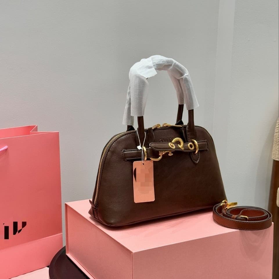 Vegetable-tanned Leather Miuu Shell Bag Fashion Genuine Leather Bowling Bag Boston Handbag Crossbody Bag for Women