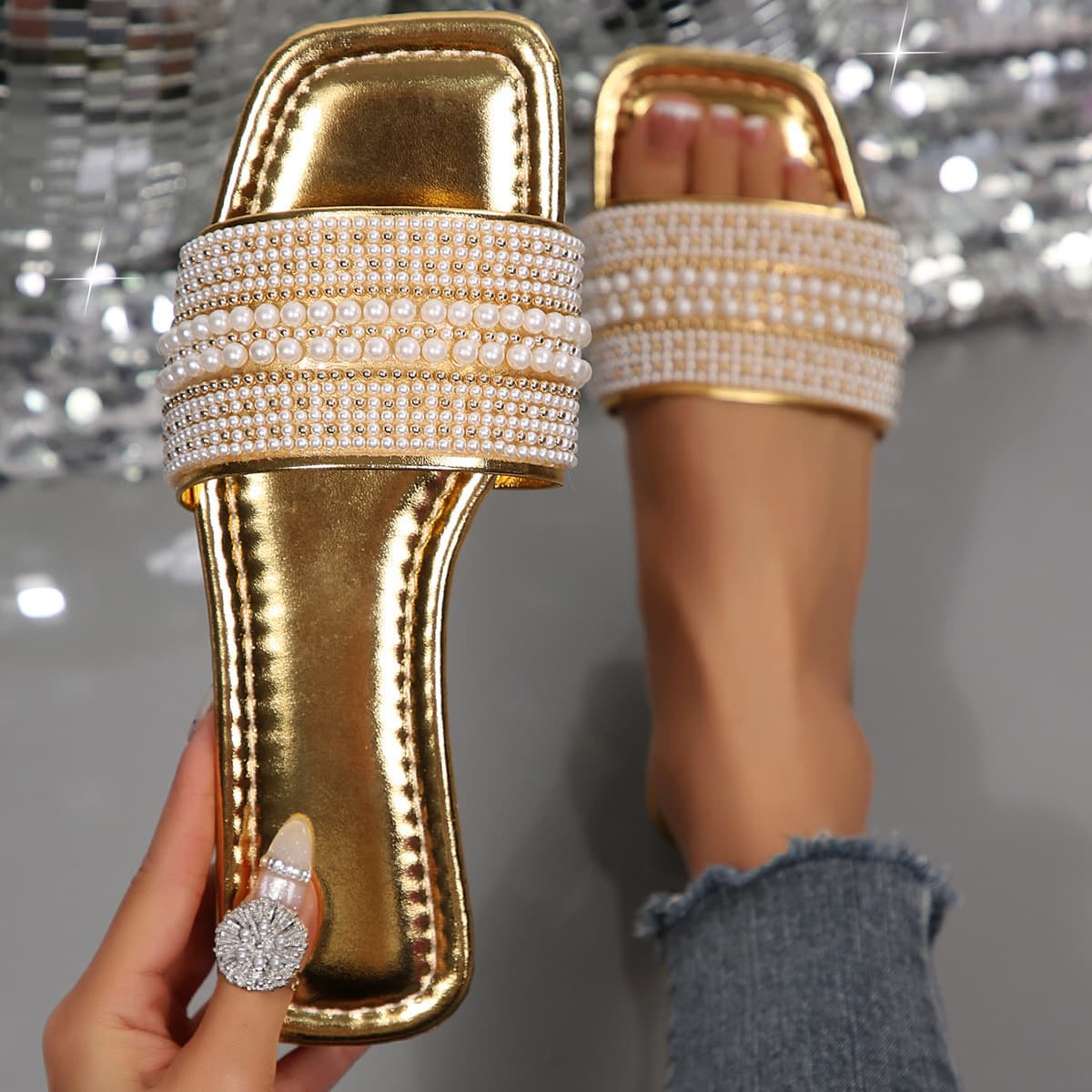 [Cross-border Trade] French Summer New Flat Large Size Sandals Slip-on One-strap Fashion Square Toe Pearl Rhinestone