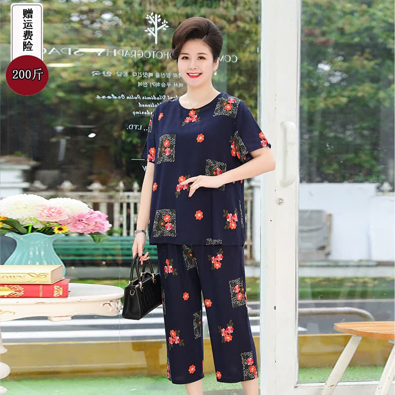 Fat Mama Cotton Silk Set Short Sleeve T-Shirt and Cropped Pants Plus Size for 200 lbs Grandma Summer Middle-aged and Elderly Women's Clothing