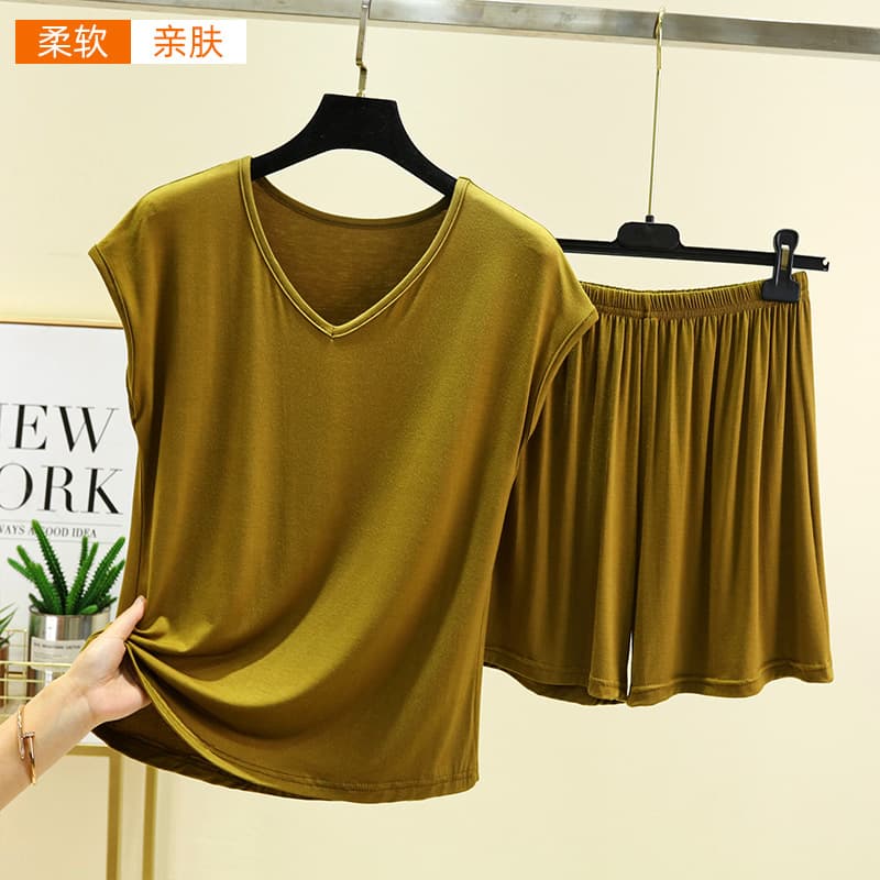 Modal Loose Sleeveless T-Shirt and Shorts Set for Women, Summer Thin Pajamas, Plus Size V-Neck Homewear Two-Piece Set