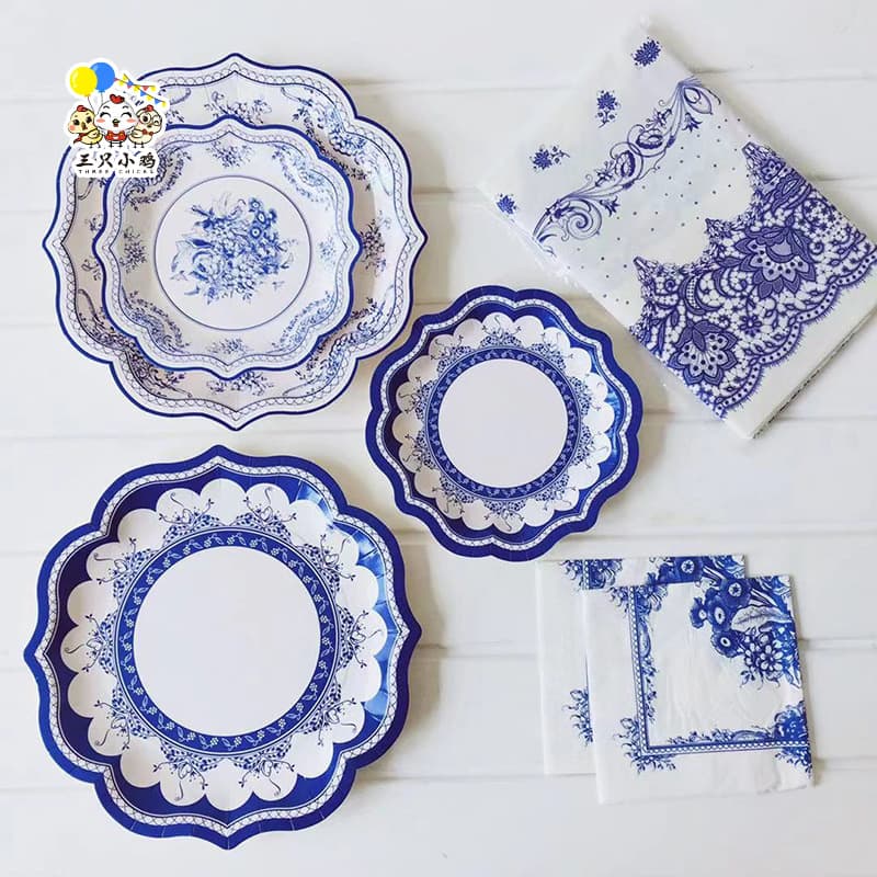 Disposable Paper Plate Qinghua Porcelain Edged Wedding Party Vintage Paper Dish Eco-Friendly Biodegradable Single Use Plate