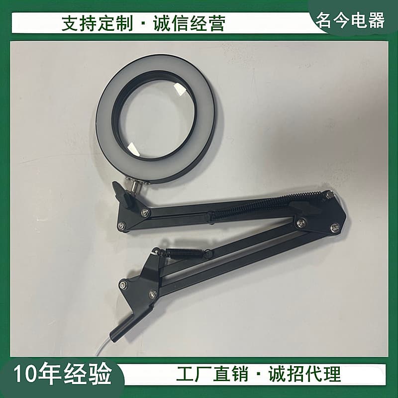 Clamp-on desk lamp with adjustable arm and magnifier for machine repair, dimmable embroidery, beauty salon, and nail art applications.