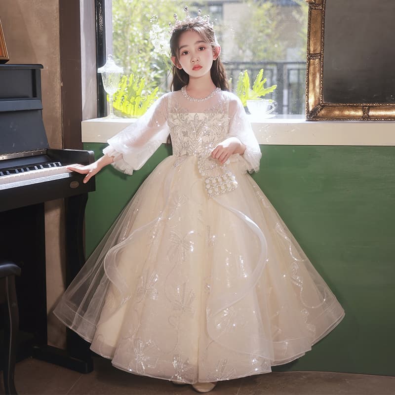 Super Fairy Children's Evening Dress 2026 New Summer Long Sleeve Puff Dress for Big Children and Girls Birthday Flower Girl Princess Dress