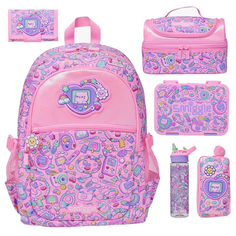 Smiggle children's backpack set pink cartoon school bag primary school girl cute trend backpack pencil bag