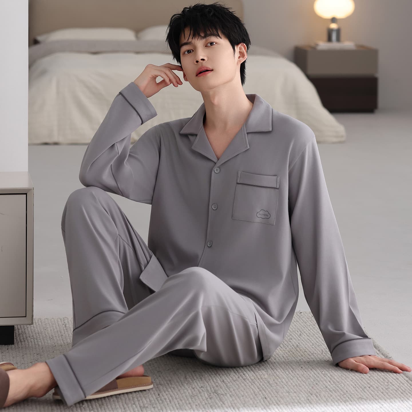 Fat Man's Pajamas Spring and Autumn Cotton Long-Sleeve Cardigan Plus Size Loose Homewear Fall and Winter Set