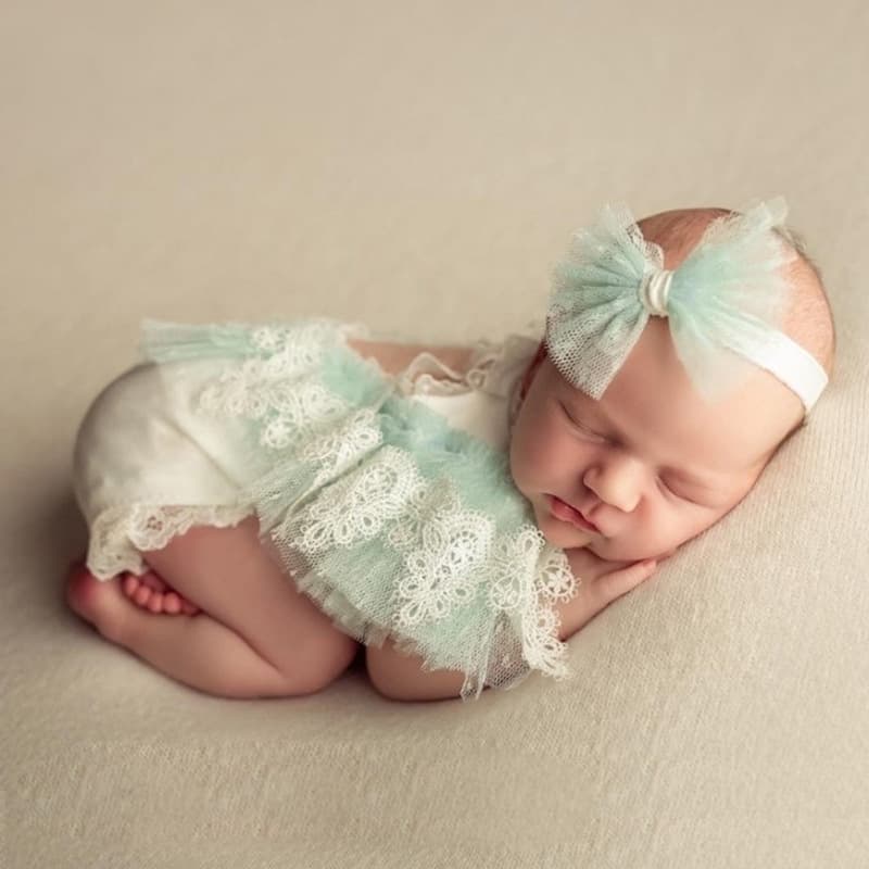 Baby Photography Knit Romper Set Newborn Photo Outfit Pleated Blue Dot Lace Bodysuit