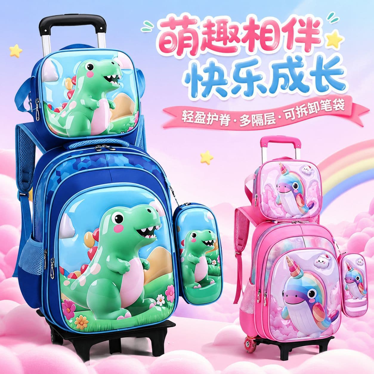 2026 New 3D School Backpack, Lunch Bag, and Pencil Case 3-Piece Set with Trolley for Kids, Cartoon Design, Boys and Girls