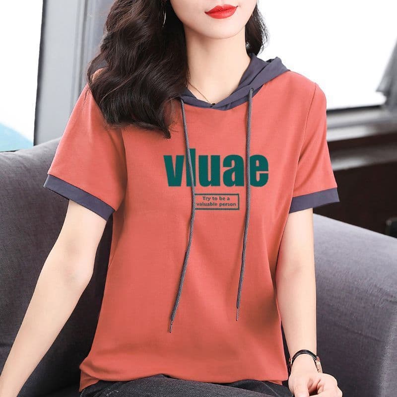 100% Cotton Hooded T-Shirt for Women, Short Sleeve, 2024 Summer, Age-Defying, Slimming, Loose Fit, Korean Style Sweater